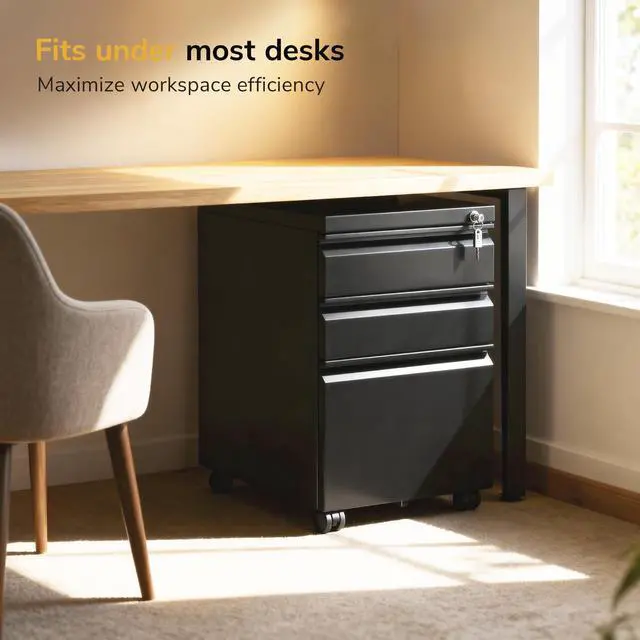 Alt view image 7 of 7 - 3 Drawer File Cabinet with Lock and Wheels, Heavy-Duty Steel Rolling Drawer Cabinet, Fully Assembled Under Desk Filing Cabinet for Home Office Storage, 15.3" W x 19.75" D x 24.5" H, Black