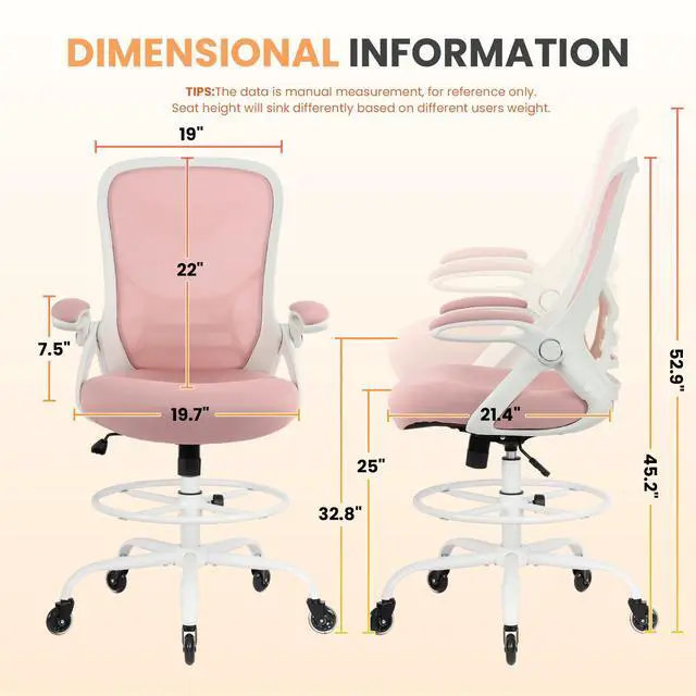 Alt view image 2 of 7 - Drafting Chair Tall Office, Ergonomic Standing Desk Stool Adjustable Big and Tall Drafting Office Chair with Flip-Up Armrests, Mesh, Pink