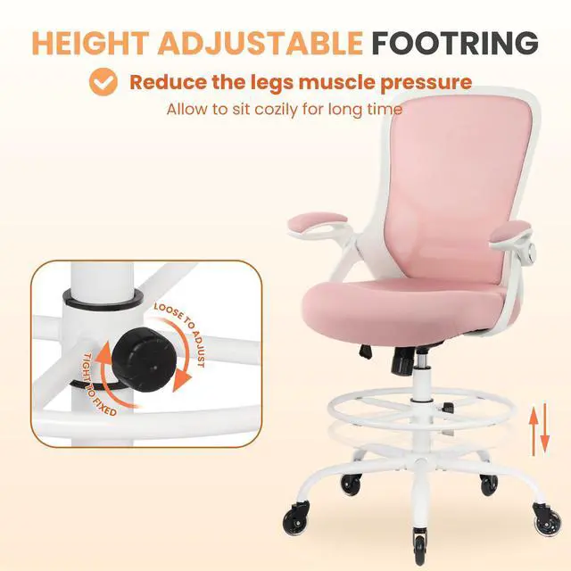 Alt view image 5 of 7 - Drafting Chair Tall Office, Ergonomic Standing Desk Stool Adjustable Big and Tall Drafting Office Chair with Flip-Up Armrests, Mesh, Pink