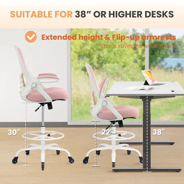 Alt view image 6 of 7 - Drafting Chair Tall Office, Ergonomic Standing Desk Stool Adjustable Big and Tall Drafting Office Chair with Flip-Up Armrests, Mesh, Pink