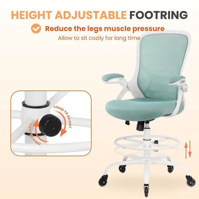 Alt view image 4 of 7 - Drafting Chair Tall Office, Ergonomic Standing Desk Stool Adjustable Drafting Chair Big Tall Drafting Office Chair Blue