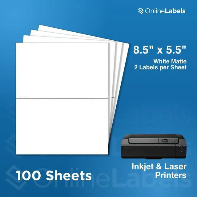 Alt view image 2 of 7 - OnlineLabels 8.5" x 5.5" Half-Sheet Shipping Labels - Matte - 100 Sheets | Permanent Adhesive, Blank Rectangle Labels, Inkjet & Laser Compatible, Ideal for FBA, FedEx, USPS, & UPS Shipping