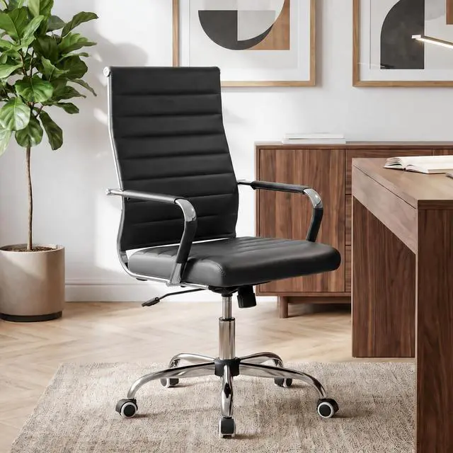Main image of Ergonomic Office Desk Chair, Modern PU Leather Conference Room Table Chairs Ribbed, High Back Executive Swivel Rolling Chair for Home, Office