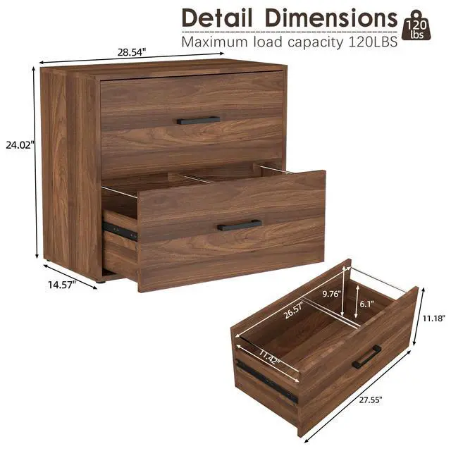 Alt view image 3 of 7 - File Cabinet, 2 Drawer Lateral Filing Cabinets, Wide Office File Cabinet with Drawer for Hanging Files/Letter Size, Wood File Cabinets for Home Office School, Assembly Required, Walnut