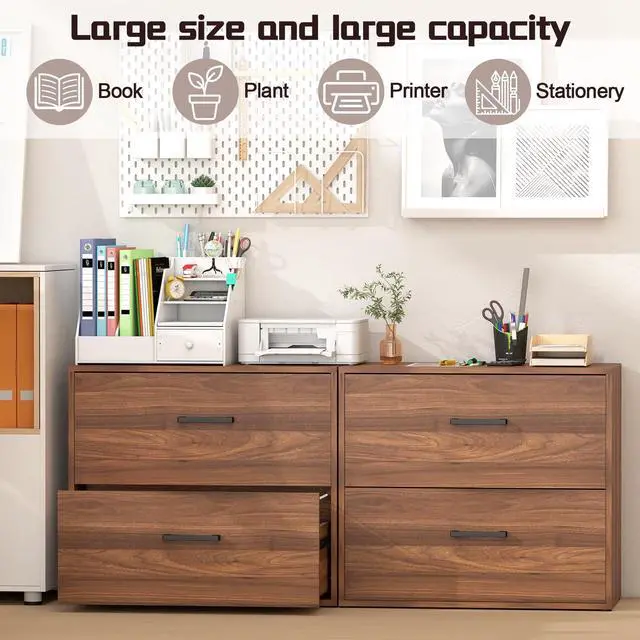 Alt view image 4 of 7 - File Cabinet, 2 Drawer Lateral Filing Cabinets, Wide Office File Cabinet with Drawer for Hanging Files/Letter Size, Wood File Cabinets for Home Office School, Assembly Required, Walnut