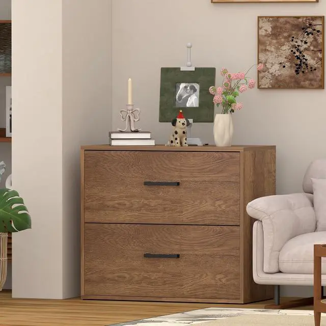 Alt view image 2 of 7 - Filing Cabinets, 2 Drawer Lateral File Cabinets for Home Office, Modern Farmhouse File Cabinets with Hanging Rail for Letter Size, Large Wooden Storage Cabinets, Brown