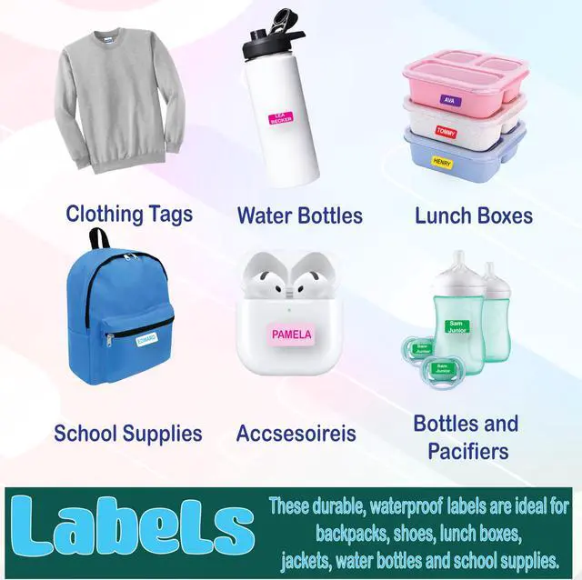 Alt view image 2 of 7 - Personalized Waterproof Name Labels. Press and Stick Custom Name Stick on Clothing Labels (60 Count, Medium (1" × 0.5"))