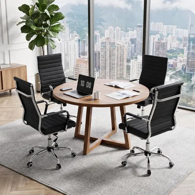 Alt view image 7 of 7 - Ergonomic Office Desk Chair, Modern PU Leather Conference Room Table Chairs Ribbed, High Back Executive Swivel Rolling Chair for Home, Office