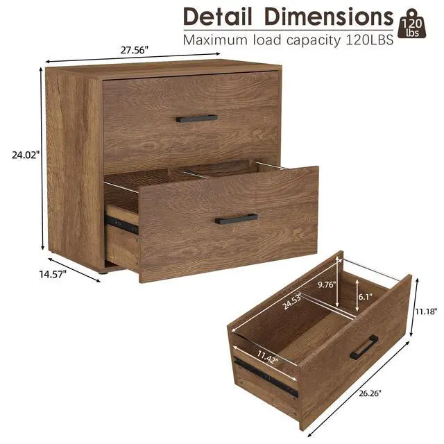 Alt view image 3 of 7 - Filing Cabinets, 2 Drawer Lateral File Cabinets for Home Office, Modern Farmhouse File Cabinets with Hanging Rail for Letter Size, Large Wooden Storage Cabinets, Brown