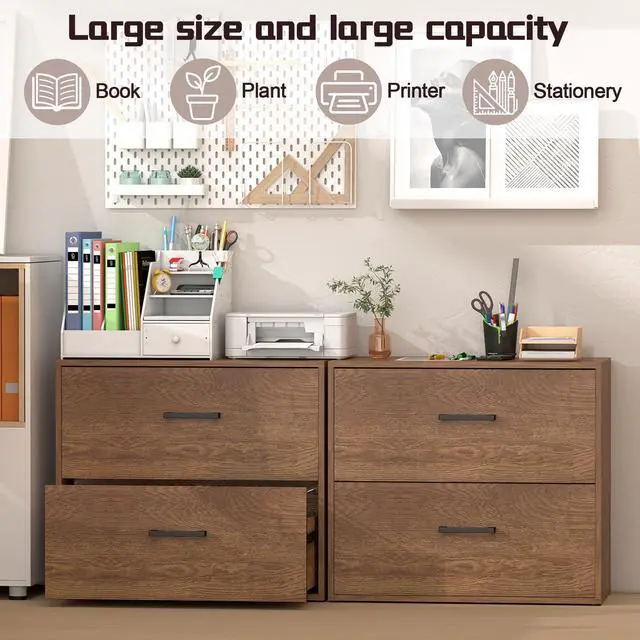 Alt view image 4 of 7 - Filing Cabinets, 2 Drawer Lateral File Cabinets for Home Office, Modern Farmhouse File Cabinets with Hanging Rail for Letter Size, Large Wooden Storage Cabinets, Brown