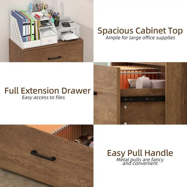 Alt view image 6 of 7 - Filing Cabinets, 2 Drawer Lateral File Cabinets for Home Office, Modern Farmhouse File Cabinets with Hanging Rail for Letter Size, Large Wooden Storage Cabinets, Brown