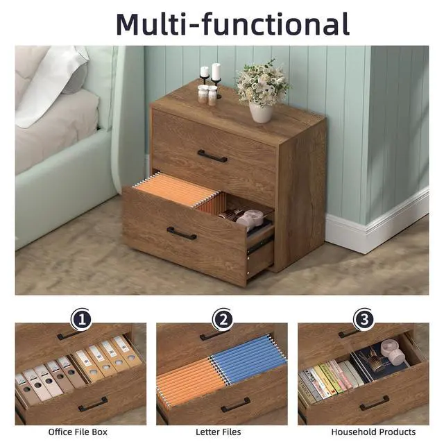 Alt view image 5 of 7 - Filing Cabinets, 2 Drawer Lateral File Cabinets for Home Office, Modern Farmhouse File Cabinets with Hanging Rail for Letter Size, Large Wooden Storage Cabinets, Brown
