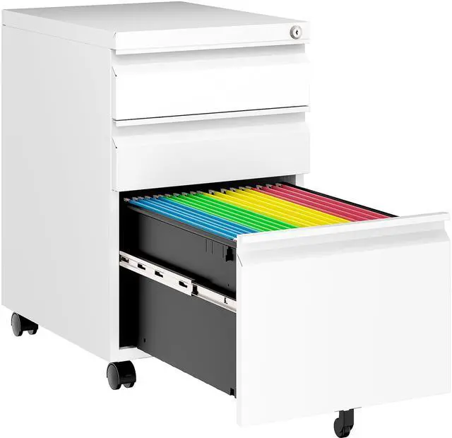 Main image of Assembled 3 Drawer File Cabinet with Wheels,Under Desk File Cabinet with Lock,White Rolling Filing Cabinets, Metal Filing Cabinets for Home Office,Fit A4/Letter/Legal,Pre-Assembled Except Caster