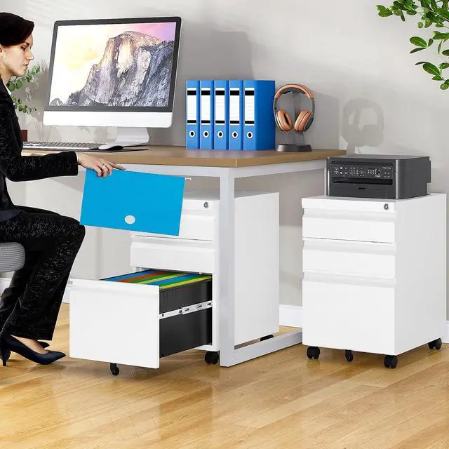 Alt view image 2 of 7 - Assembled 3 Drawer File Cabinet with Wheels,Under Desk File Cabinet with Lock,White Rolling Filing Cabinets, Metal Filing Cabinets for Home Office,Fit A4/Letter/Legal,Pre-Assembled Except Caster