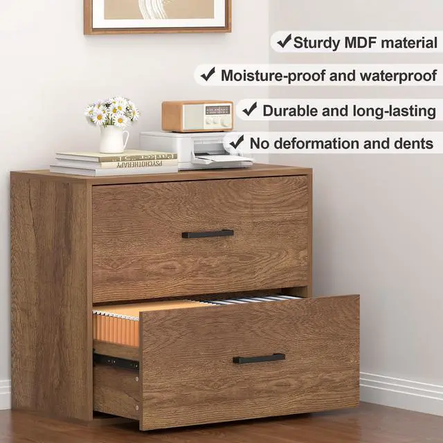 Alt view image 7 of 7 - Filing Cabinets, 2 Drawer Lateral File Cabinets for Home Office, Modern Farmhouse File Cabinets with Hanging Rail for Letter Size, Large Wooden Storage Cabinets, Brown