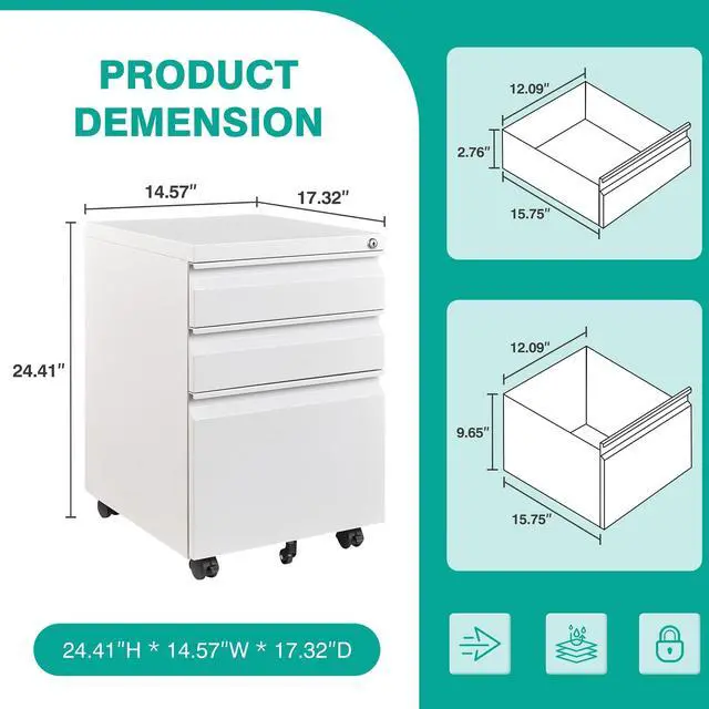 Alt view image 3 of 7 - Assembled 3 Drawer File Cabinet with Wheels,Under Desk File Cabinet with Lock,White Rolling Filing Cabinets, Metal Filing Cabinets for Home Office,Fit A4/Letter/Legal,Pre-Assembled Except Caster