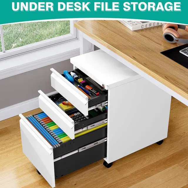 Alt view image 4 of 7 - Assembled 3 Drawer File Cabinet with Wheels,Under Desk File Cabinet with Lock,White Rolling Filing Cabinets, Metal Filing Cabinets for Home Office,Fit A4/Letter/Legal,Pre-Assembled Except Caster