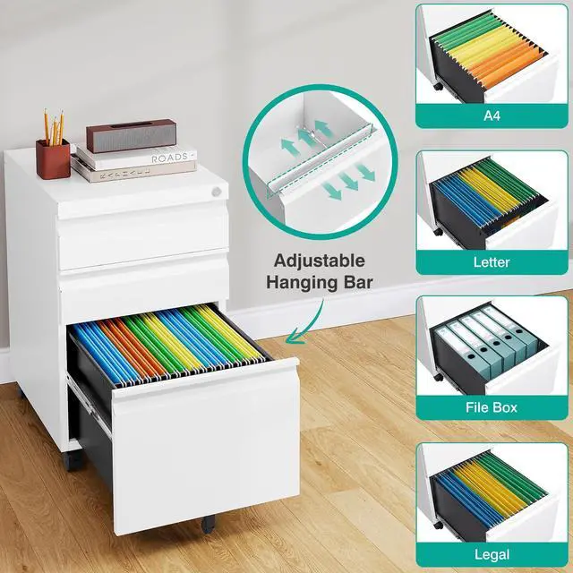 Alt view image 5 of 7 - Assembled 3 Drawer File Cabinet with Wheels,Under Desk File Cabinet with Lock,White Rolling Filing Cabinets, Metal Filing Cabinets for Home Office,Fit A4/Letter/Legal,Pre-Assembled Except Caster