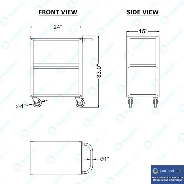 Alt view image 5 of 5 - 15 in. Wide X 24 in. Long X 33 in High | 3 Shelf Metal Utility Cart on Wheels with Handle
