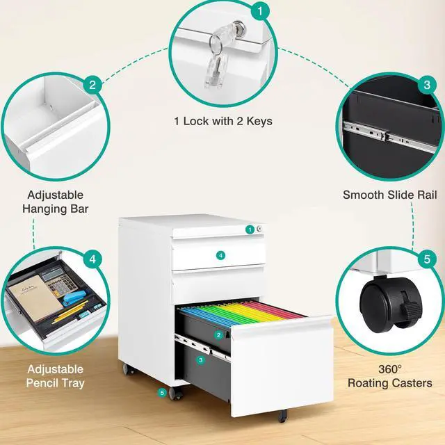 Alt view image 6 of 7 - Assembled 3 Drawer File Cabinet with Wheels,Under Desk File Cabinet with Lock,White Rolling Filing Cabinets, Metal Filing Cabinets for Home Office,Fit A4/Letter/Legal,Pre-Assembled Except Caster