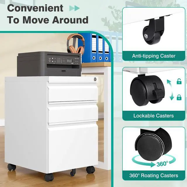 Alt view image 7 of 7 - Assembled 3 Drawer File Cabinet with Wheels,Under Desk File Cabinet with Lock,White Rolling Filing Cabinets, Metal Filing Cabinets for Home Office,Fit A4/Letter/Legal,Pre-Assembled Except Caster