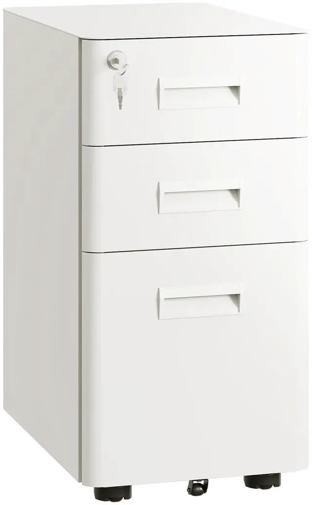 Main image of 3 Drawer File Cabinet on Wheels, Fully Assembled Except Casters | Metal Filing Cabinet with Lock, Under Desk File Organization for Home Office, Fits Letter/Legal/A4, White