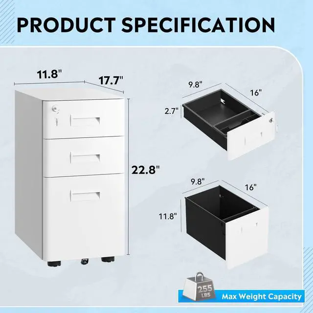 Alt view image 3 of 7 - 3 Drawer File Cabinet on Wheels, Fully Assembled Except Casters | Metal Filing Cabinet with Lock, Under Desk File Organization for Home Office, Fits Letter/Legal/A4, White