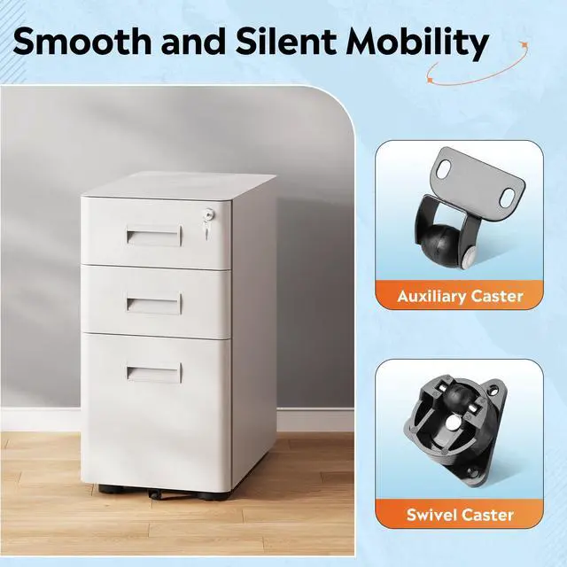 Alt view image 5 of 7 - 3 Drawer File Cabinet on Wheels, Fully Assembled Except Casters | Metal Filing Cabinet with Lock, Under Desk File Organization for Home Office, Fits Letter/Legal/A4, White