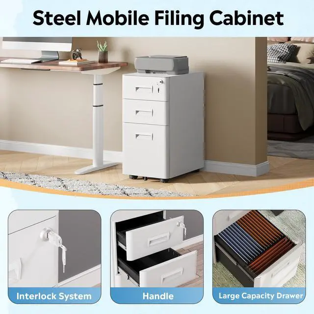 Alt view image 6 of 7 - 3 Drawer File Cabinet on Wheels, Fully Assembled Except Casters | Metal Filing Cabinet with Lock, Under Desk File Organization for Home Office, Fits Letter/Legal/A4, White