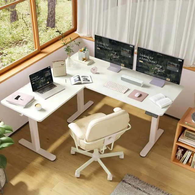 Alt view image 2 of 7 - L-Shaped Electric Standing Desk Dual Motor 63 x 55 Inch White | Splice board for home office, heavy-duty steel frame, quiet lift mechanism, left or right installation,176 lbs capacity