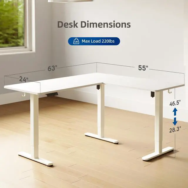 Alt view image 3 of 7 - L-Shaped Electric Standing Desk Dual Motor 63 x 55 Inch White | Splice board for home office, heavy-duty steel frame, quiet lift mechanism, left or right installation,176 lbs capacity