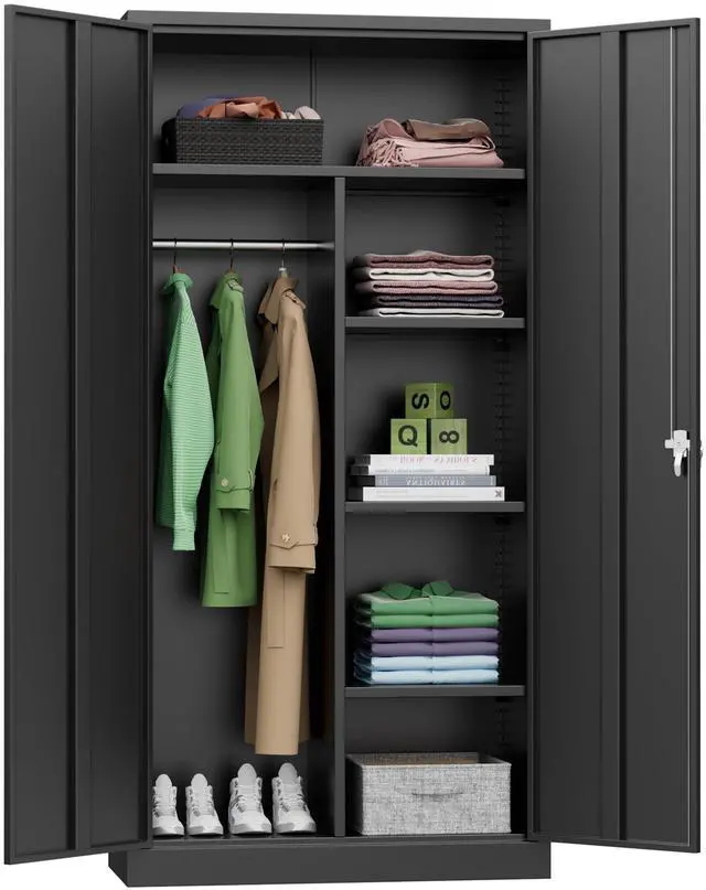 Main image of Metal Wardrobe Closet, 72" Black Locking Storage Wardrobe Cabinet with Locking Doors and Adjustable Shelves, 18" D x 36" W Tall Steel Clothes Storage for Office, Home, School, Gym