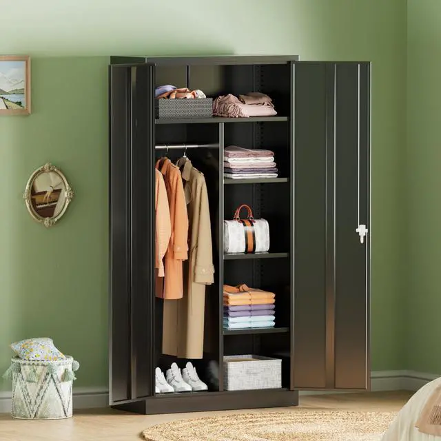Alt view image 2 of 7 - Metal Wardrobe Closet, 72" Black Locking Storage Wardrobe Cabinet with Locking Doors and Adjustable Shelves, 18" D x 36" W Tall Steel Clothes Storage for Office, Home, School, Gym