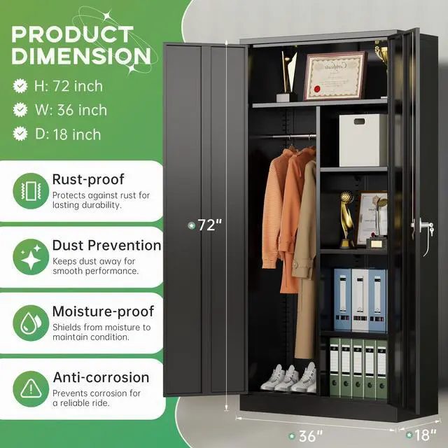 Alt view image 3 of 7 - Metal Wardrobe Closet, 72" Black Locking Storage Wardrobe Cabinet with Locking Doors and Adjustable Shelves, 18" D x 36" W Tall Steel Clothes Storage for Office, Home, School, Gym