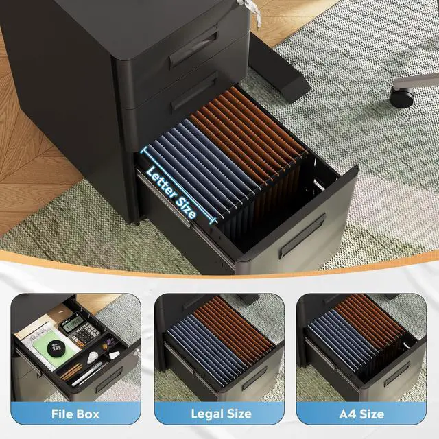 Alt view image 4 of 7 - 3 Drawer Mobile File Cabinet, Fully Assembled Except Casters | Under Desk Metal Filing Cabinet with Lock for Home Office Organizer Letter/Legal/A4, Black