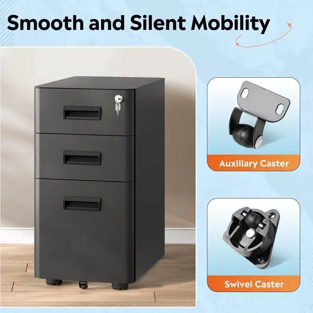 Alt view image 5 of 7 - 3 Drawer Mobile File Cabinet, Fully Assembled Except Casters | Under Desk Metal Filing Cabinet with Lock for Home Office Organizer Letter/Legal/A4, Black