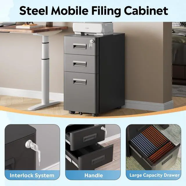 Alt view image 6 of 7 - 3 Drawer Mobile File Cabinet, Fully Assembled Except Casters | Under Desk Metal Filing Cabinet with Lock for Home Office Organizer Letter/Legal/A4, Black