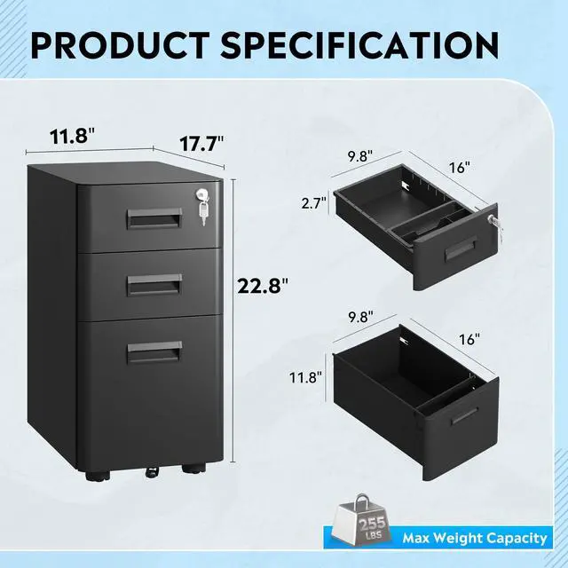 Alt view image 3 of 7 - 3 Drawer Mobile File Cabinet, Fully Assembled Except Casters | Under Desk Metal Filing Cabinet with Lock for Home Office Organizer Letter/Legal/A4, Black