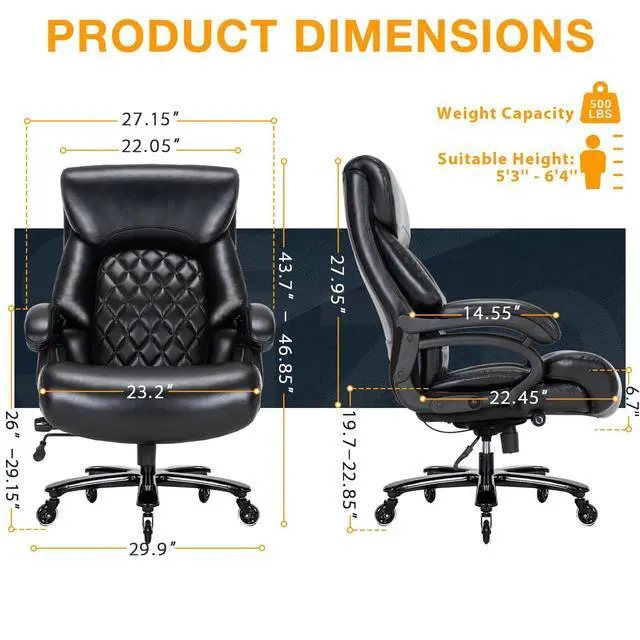 Alt view image 3 of 7 - Big and Tall Office Chair for Heavy People, 500LBS High Back Extra Wide Heavy Duty Executive Office Chair Comfortable for Home Office, Large Computer Desk Chair with Adjustable Lumbar Support Black
