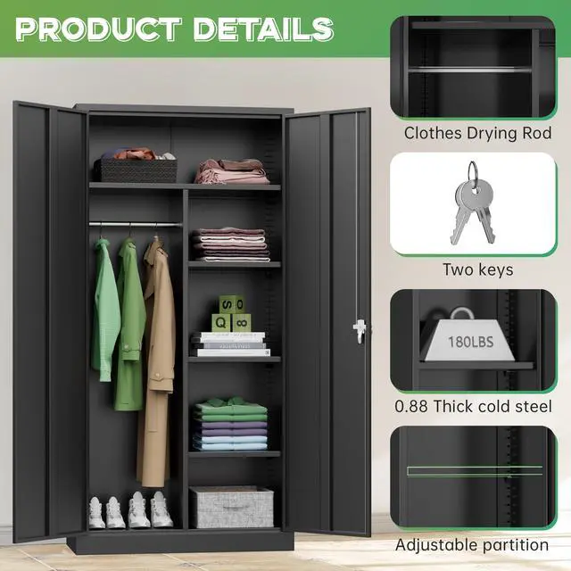 Alt view image 4 of 7 - Metal Wardrobe Closet, 72" Black Locking Storage Wardrobe Cabinet with Locking Doors and Adjustable Shelves, 18" D x 36" W Tall Steel Clothes Storage for Office, Home, School, Gym