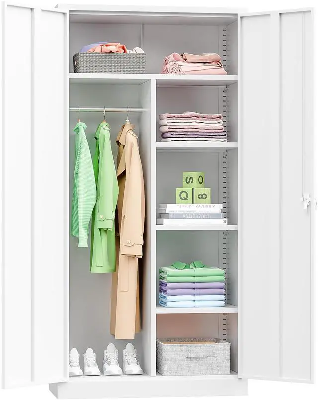 Main image of Metal Wardrobe Closet, 71" White Locking Storage Wardrobe Cabinet with Doors and Shelves, Tall Steel Clothes Storage for Office, Home, School, Gym