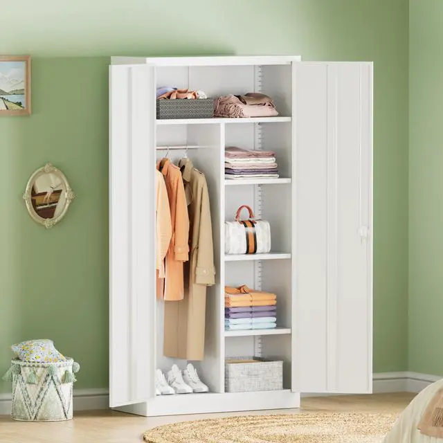 Alt view image 2 of 7 - Metal Wardrobe Closet, 71" White Locking Storage Wardrobe Cabinet with Doors and Shelves, Tall Steel Clothes Storage for Office, Home, School, Gym