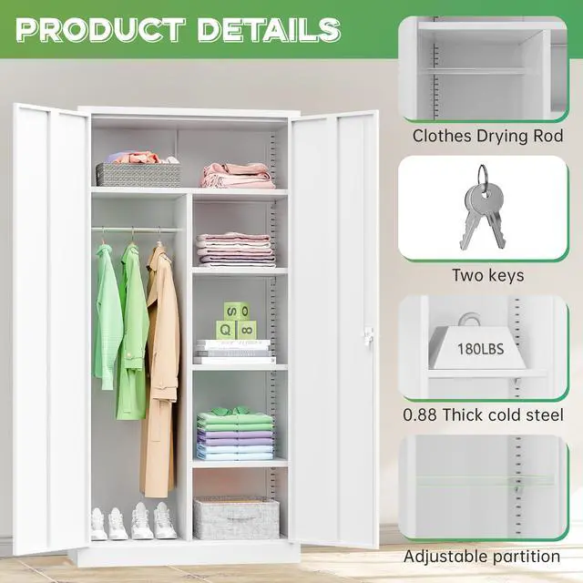 Alt view image 7 of 7 - Metal Wardrobe Closet, 71" White Locking Storage Wardrobe Cabinet with Doors and Shelves, Tall Steel Clothes Storage for Office, Home, School, Gym