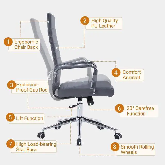 Alt view image 3 of 6 - Executive Desk Chair, Ergonomic PU Leather Gaming Chair with Adjustable Lumbar Support and Rolling Wheels for Home Office Conference Room, High Back, Gray