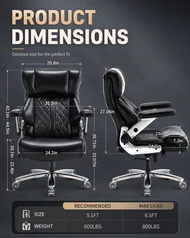 Alt view image 2 of 7 - 800lbs Big and Tall Office Chairs with 5D Flip Arms | Heavy Duty Desk Chair with Adjustable Lumbar Support, Office Chairs with Quiet Rubber Wheel and Extra Wide Seat