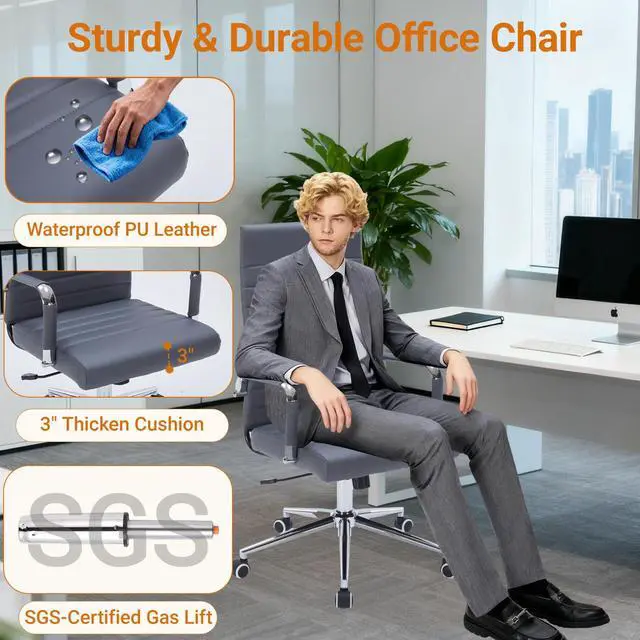 Alt view image 4 of 6 - Executive Desk Chair, Ergonomic PU Leather Gaming Chair with Adjustable Lumbar Support and Rolling Wheels for Home Office Conference Room, High Back, Gray