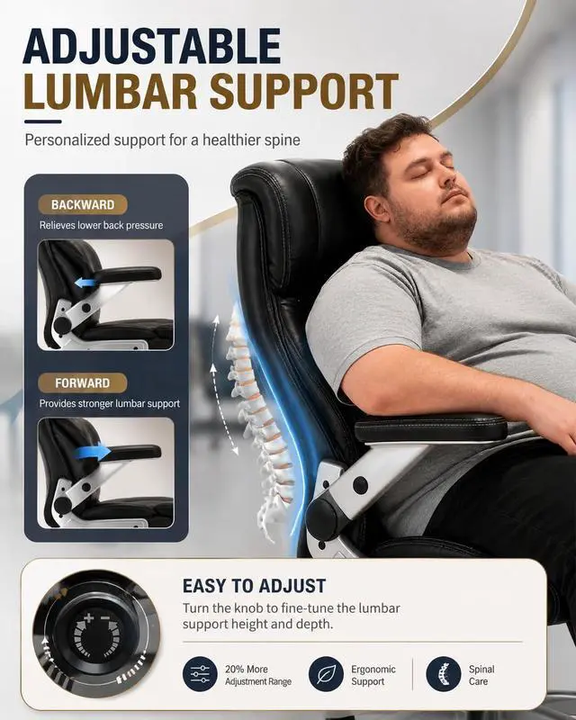 Alt view image 4 of 7 - 800lbs Big and Tall Office Chairs with 5D Flip Arms | Heavy Duty Desk Chair with Adjustable Lumbar Support, Office Chairs with Quiet Rubber Wheel and Extra Wide Seat
