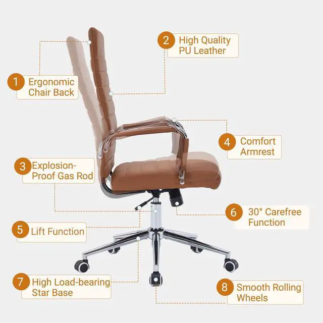 Alt view image 3 of 7 - Desk Chair, Executive Office Chair with Arms, High Back, Brown | Faux Leather, Adjust Swivel Seat, Chair with Rolling Wheels, for Home Office, Conference Table, Meeting Room, 400LBS Support