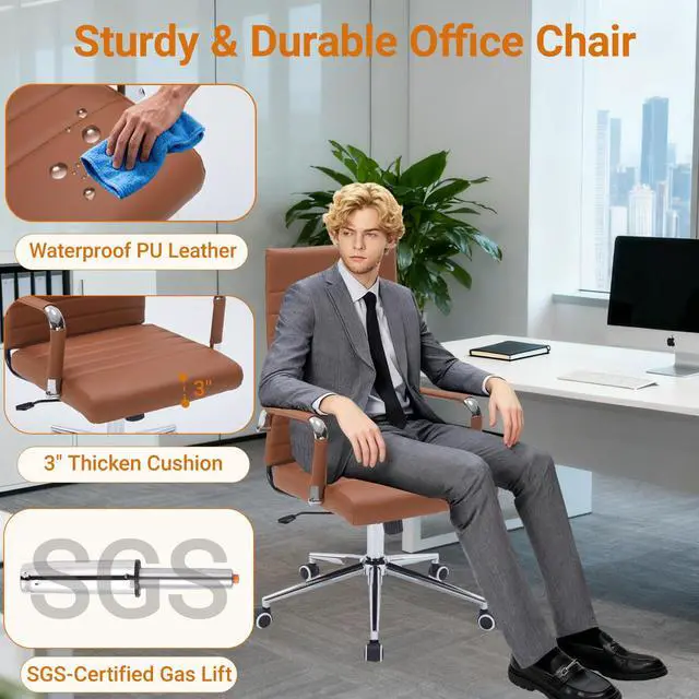 Alt view image 4 of 7 - Desk Chair, Executive Office Chair with Arms, High Back, Brown | Faux Leather, Adjust Swivel Seat, Chair with Rolling Wheels, for Home Office, Conference Table, Meeting Room, 400LBS Support