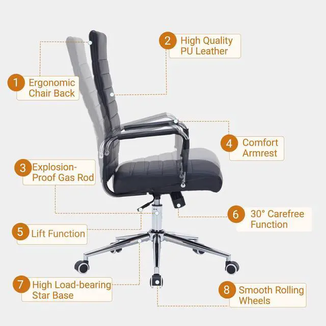 Alt view image 3 of 7 - Ergonomic Office Chair, Executive PU Leather Desk Chair with Adjustable Lumbar Support and Smooth-Rolling Wheels for Home Office Conference Room, High Back, Black
